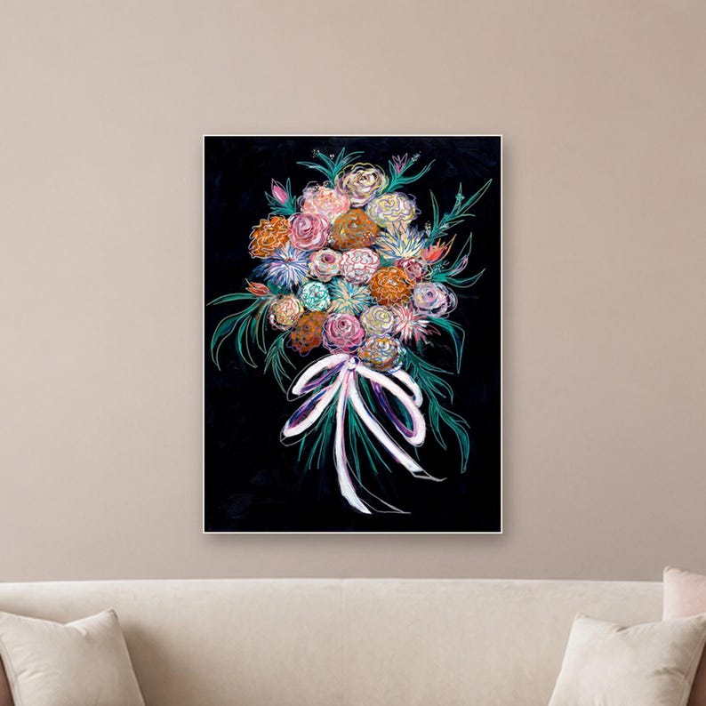 May include: A rectangular wall art print featuring a vibrant floral bouquet against a solid black background. The bouquet consists of multi-colored flowers in shades of pink, orange, and blue, accented by green leaves and tied with a white ribbon.
