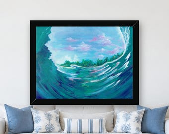 May include: A framed painting depicting a large ocean wave curling over, revealing a view of a distant green coastline and a light blue sky with soft pink clouds. The water transitions from deep teal to lighter turquoise tones.