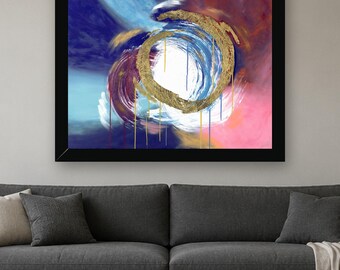 May include: A framed abstract painting featuring a central gold circular brushstroke with paint drips. The background consists of blended layers of deep blue, magenta, white, and light blue, creating a dynamic, swirling composition.