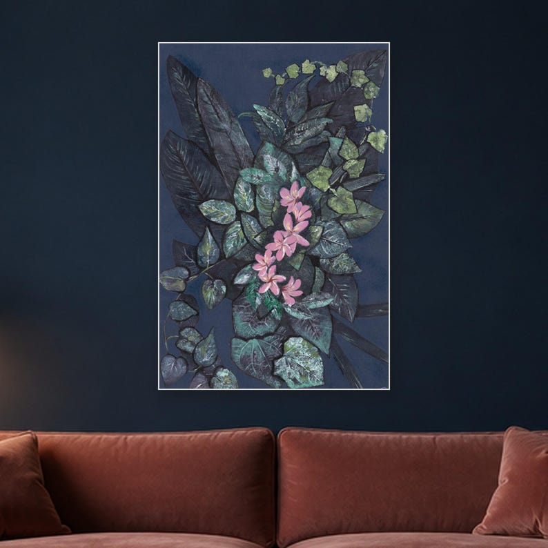 May include: A rectangular wall art piece featuring a dark navy blue background with a dense arrangement of textured, dark green and black foliage. A central cluster of five light pink, five-petaled flowers stands out against the dark leaves.