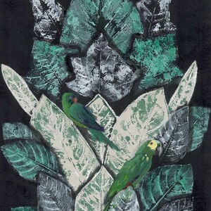 May include: A painting on a black background featuring two green parrots perched among a dense arrangement of layered leaves. The foliage is rendered in shades of teal, white, and dark green with visible leaf vein textures throughout the composition.