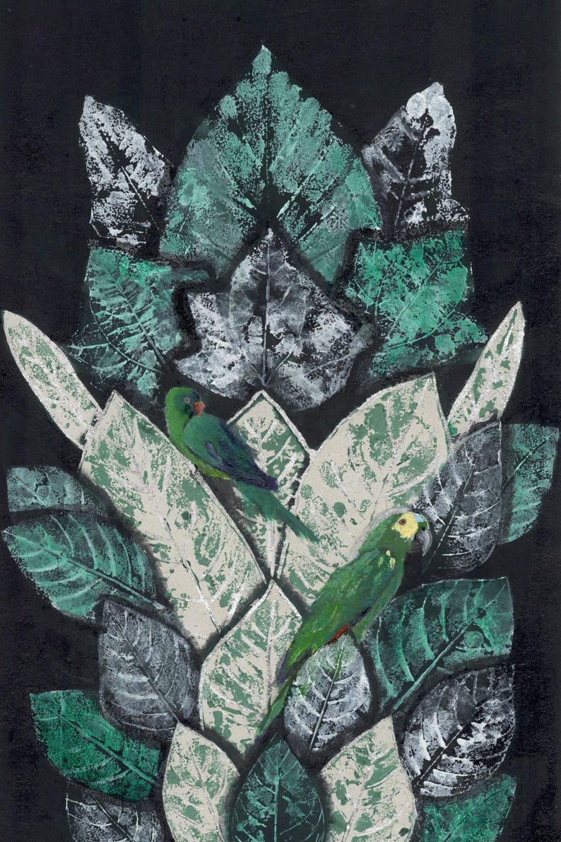 May include: A painting on a black background featuring two green parrots perched among a dense arrangement of layered leaves. The foliage is rendered in shades of teal, white, and dark green with visible leaf vein textures throughout the composition.