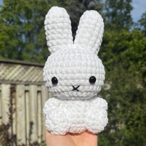 Pode incluir: Um peluche de croché branco em forma de coelho com orelhas longas e direitas, cabeça redonda e corpo pequeno. O brinquedo apresenta dois olhos circulares pretos lisos e uma boca em forma de 'x' cosida a preto, feito de fio macio.