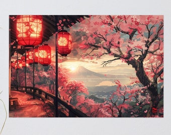 Mt. Fuji & Cherry Blossoms Lanterns Poster |Many sizes| torii gate, sakura, Japan, Tokyo, Kyoto, Osaka, abroad, travel, gift, Japanese