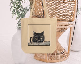 Cute Black Cat Tote Bag Eco Friendly Organic Cotton Japanese Woodblock Style Shopping Bag Grocery School Train Shoulder Bag Cat Lover Gift