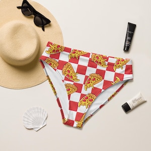 cute high waisted bikini or string bikini bottoms pizza party festival rave womens swimsuit recycled UPF 50+ sun protection 2XS-6XL