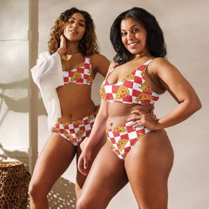 cute high waisted bikini or string bikini pizza festival rave teen preteen womens swimsuit recycled UPF 50+ sun protection 2XS-6XL
