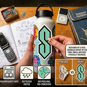 a person's hands holding a water bottle with a sticker on it, surrounded by various objects such as a cell phone, a notebook, and other items.