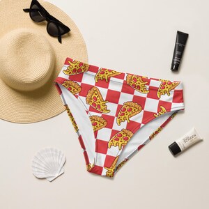 cute high waisted bikini or string bikini bottoms pizza party festival rave womens swimsuit recycled UPF 50+ sun protection 2XS-6XL