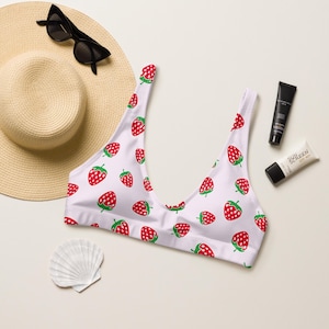 Cute Strawberry Sport or String Bikini Top Teen Festival Rave Fit Womens Swimsuit Removable Padded Top Recycled UPF 50+Sun Protection 2XS–6X