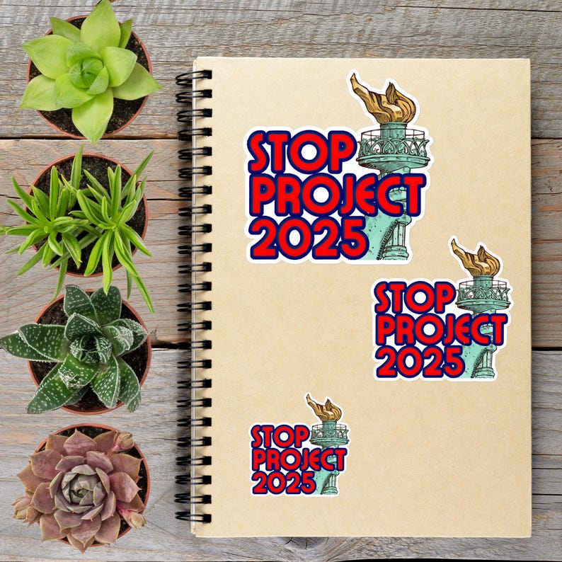 a spiral notebook with stickers on it, along with several potted plants arranged on a wooden surface.