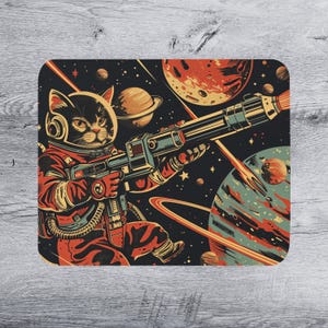 4 SIZES | Retro Style Fantasy Mouse Pad Scifi Space Cat Astronaut Mousepad Sci-Fi Art Cool Desk Mat