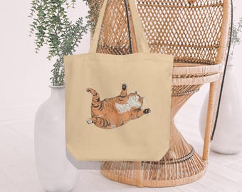 Funny Orange Cat Tote Bag Cute Tote Bag Eco Friendly Organic Cotton Japanese Woodblock Style Shopping Bag Grocery School Train Shoulder Bag
