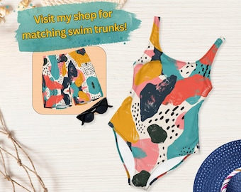 Abstract Print One-Piece Swimsuit: Retro Low-Back Bathing Suit, UPF 50+
