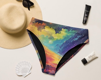 Cute High Waisted Bikini Or String Bikini Bottoms Cosmic Rainbow Festival Rave Fit Womens Swimsuit Recycled UPF 50+ Sun Protection 2XS–6XL