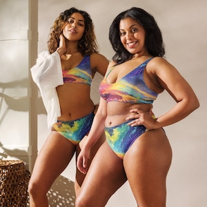 cute high waisted bikini or string bikini cosmic rainbow festival rave womens swimsuit recycled UPF 50+ sun protection 2XS-6XL