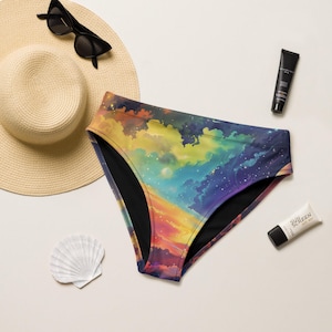 cute high waisted bikini or string bikini bottoms cosmic rainbow festival rave womens swimsuit recycled UPF 50+ sun protection 2XS-6XL