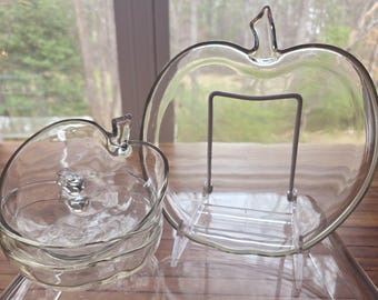 Vintage Glass Apple-shaped snack plate and bowls