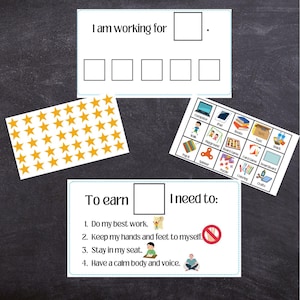May include: A printable chart for a classroom or home learning environment. The chart has a section for a student to earn stars for good behavior. The chart also has a section for the student to choose a reward for good behavior. The chart includes the text "I am working for", "To earn", and "I need to".