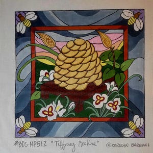 May include: Needlepoint canvas featuring a stylized beehive, surrounded by flowers and bees. The design is framed with a red border and a blue background. The text "Tiffany Beehine" is at the bottom.