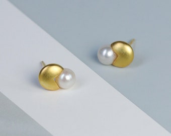 Funny Pac-Man Stud Earrings, Sterling Silver Pearl Earrings, Minimalist Earrings, 18K Simple Gold Earrings, Bridal Earrings