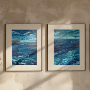 Sailboat. Wall art, set of 2 optimistic original abstract seascape ocean sailboat signed paintings on canvas, nautical decor, blue