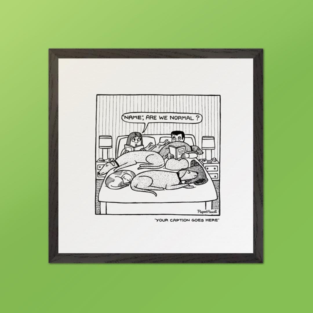 Are We Normal? - Off the Leash Cartoons. Customizable Wooden Framed Print by Rupert Fawcett.