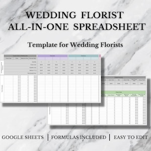 Könnte beinhalten: Eine Google Sheets-Tabellenvorlage für Hochzeitsfloristen. Die Vorlage enthält Abschnitte für Projektdetails, Preise und eine Budgetübersicht. Die Tabelle ist mit "Wedding Florist All-In-One Spreadsheet" beschriftet.