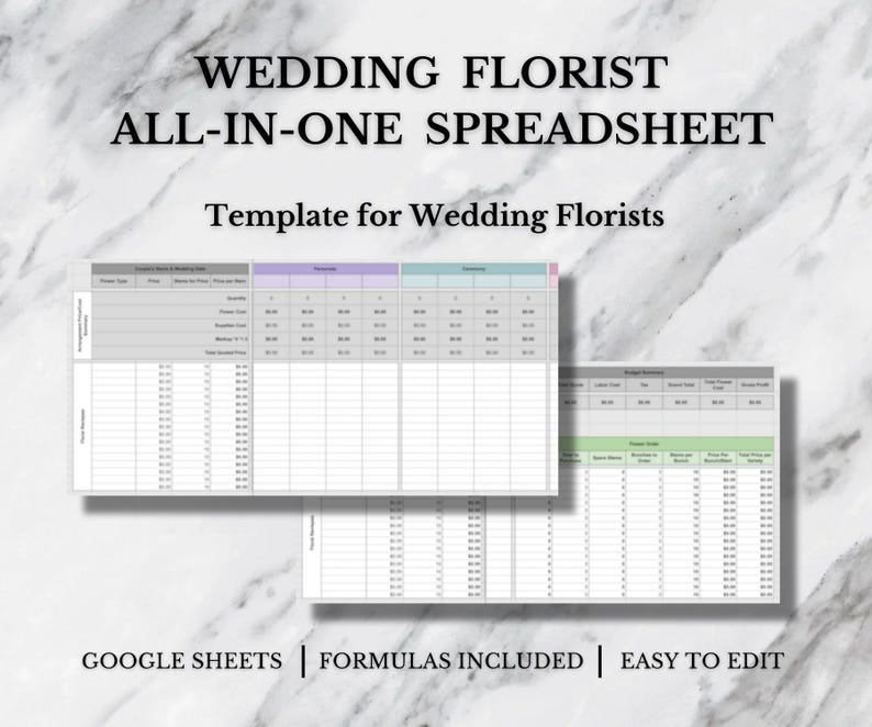 May include: A Google Sheets spreadsheet template for wedding florists. The template includes sections for project details, pricing, and a budget breakdown. The spreadsheet is labelled "Wedding Florist All-In-One Spreadsheet".