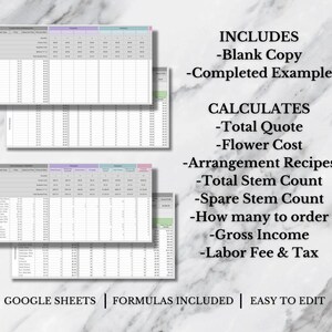 May include: A Google Sheets template for flower arrangement businesses. The template includes a blank copy and a completed example. It calculates total quote, flower cost, arrangement recipes, total stem count, spare stem count, how many to order, gross income, and labour fee and tax.