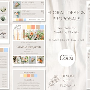 May include: A floral design proposal template for wedding florists. The template is made in Canva and includes 16 pages, is 8.5 x 11 inches, and is easy to edit. The template includes a colour palette, inspiration, and estimated costs for floral arrangements.