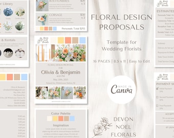 Op de afbeelding: Een sjabloon voor een voorstel voor bloemendesign voor bruiloftsbloemisten. De sjabloon is gemaakt in Canva en bevat 16 pagina's, is 8,5 x 11 inch en is gemakkelijk te bewerken. De sjabloon bevat een kleurenpalet, inspiratie en geschatte kosten voor bloemstukken.