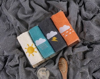 Set of 4 Colorful Turkish Cotton Hand | Face | Kitchen Towels (30 x 50 cm) Sun & Clouds