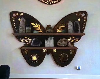 storage rack, wooden shelf, Butterfly display, Livingroom organizer, Decorative wall shelf, light wall shelf, crescent moon, Luna moth decor