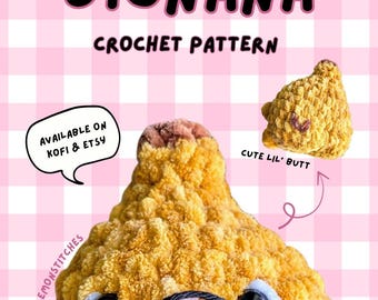 May include: A crocheted plush toy in the shape of a banana with the text "BIGNANA CROCHET PATTERN". The toy is yellow with black eyes and a pink mouth. A smaller version of the toy is also shown. The text "AVAILABLE ON KOFI & ETSY" is in a speech bubble.