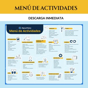 May include: A blue and white poster with the title "Menú de Actividades" and the text "Descarga Inmediata". The poster lists different activities with illustrations and descriptions in Spanish.