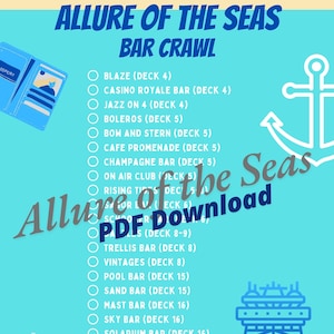 May include: A teal PDF download titled "Allure of the Seas Bar Crawl" with a list of bars and decks. Includes a passport graphic, an anchor, and a cruise ship illustration. The text "Crescent Lake Club" is also present.