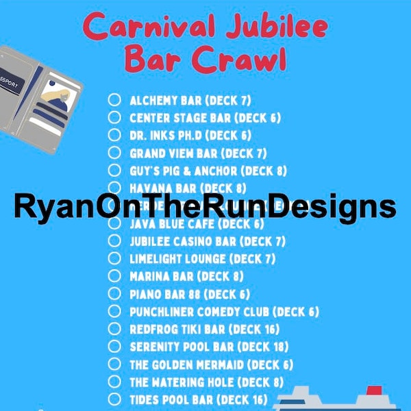 Carnival Jubilee Bar Crawl Checklist Downloadable PDF