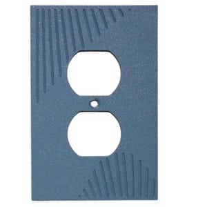 May include: A blue textured outlet cover with a recessed design. The cover has a decorative pattern of lines.