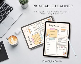 Puede incluir: Un planificador diario imprimible con un diseño de perro de dibujos animados lindo. El planificador incluye secciones para tareas de alta prioridad, recordatorios, planificación de comidas, un plan de acción y notas para ti mismo. El planificador está en una tableta con un lápiz blanco.