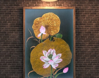 Living room Lotus Leaf Painting, Handcrafted Artwork, Lotus artworks painting, Wall Art, Lotus Flower Painting decor, Original oil painting