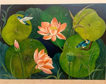 Acrylic Painting on lotus leaf, Handcrafted Artwork, Lotus artworks painting, Wall Art, Lotus Flower Painting decoration