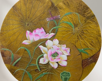 Painting on natural lotus leaf, Handcrafted Artwork for Home Decor, Lotus Flower Painting, Wall Art Decor, Acrylic Painting Circle Frame