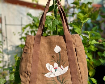 Lotus flower hand-painted shoulder bag, handbags women unique, hand painted canvas bags, shoulder bag, painting tote bag