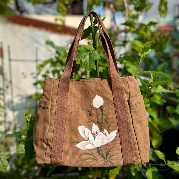 Lotus flower hand-painted shoulder bag, handbags women unique, hand painted canvas bags, shoulder bag, painting tote bag