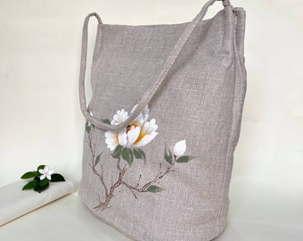 Peony painted tote bag, hand painted linen bag, tote bags, shoulder tote bag, painting tote bag, Painting Art Tote bag