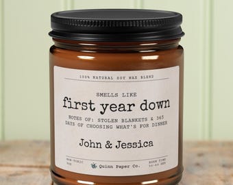 First Year Down Candle Funny One Year Anniversary Gift Personalized Candle for Couple Custom Names 1 Year Anniversary Gifts Marriage Humor