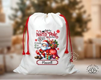 North Pole Santa Red Truck Santa Sack Christmas Bag Stocking Personalized Custom Name, Christmas Eve Bag, Custom Christmas Sack For Kids