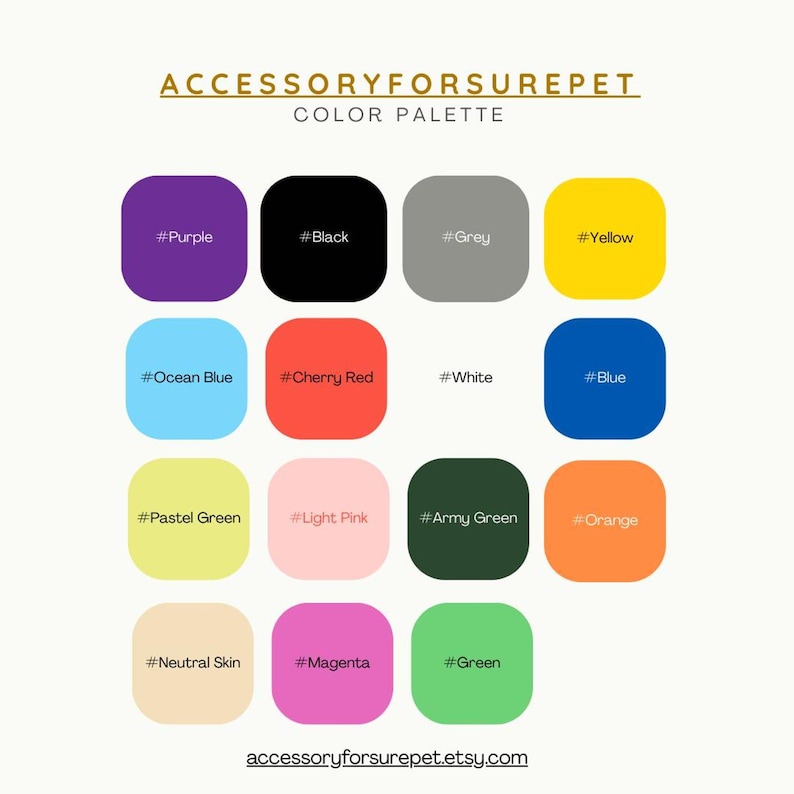 May include: Color palette graphic with sixteen color swatches, each labeled with a color name and a hexadecimal color code. Colors include purple, black, grey, yellow, ocean blue, cherry red, white, blue, pastel green, light pink, army green, orange, neutral skin, magenta, and green.