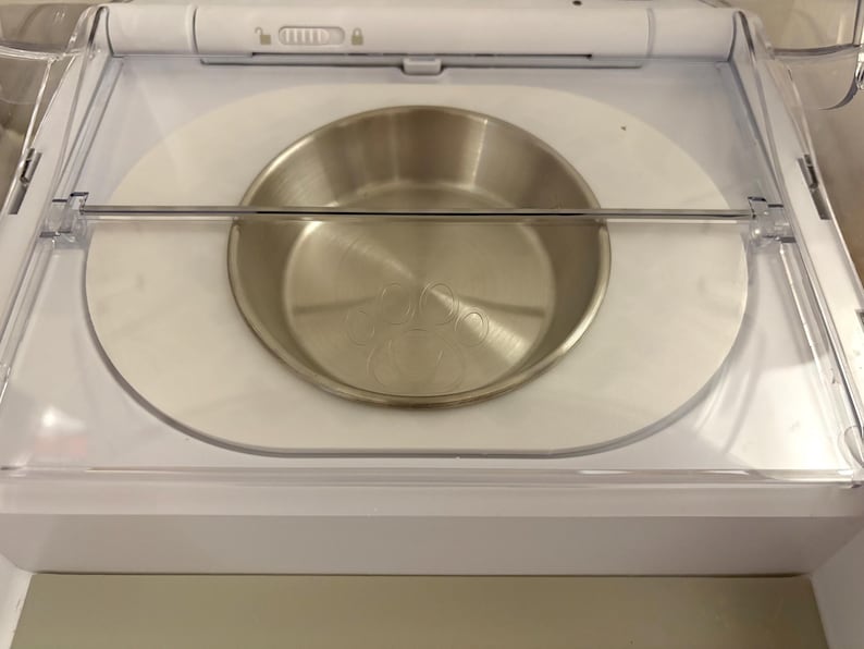 以下が含まれることがあります： ステンレス製のペットボウルが白いプラスチック容器の中に入っています。ボウルは丸く、つや消し金属仕上げです。透明なプラスチック製のガードがボウルの上に配置されています。容器には、ロック機構付きの白い蓋が付いています。
